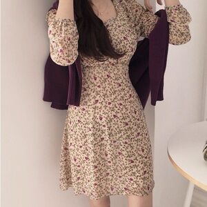 Floral Cream Dress with Purple Accents